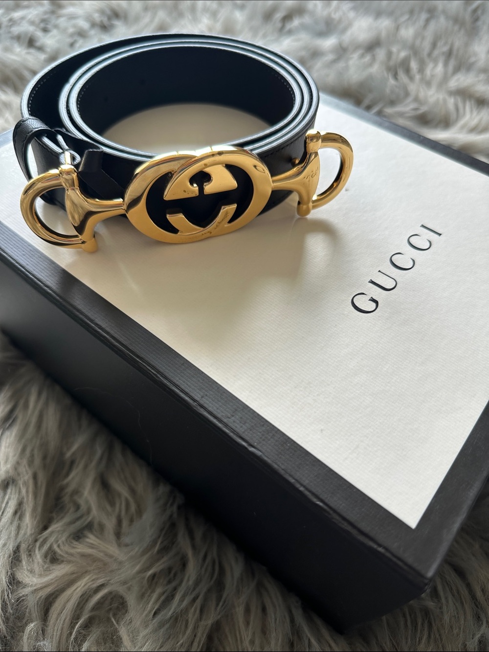 Authentic Gucci Black Leather Belt - Gold Double G Horsebit Buckle - SIZE 85/34